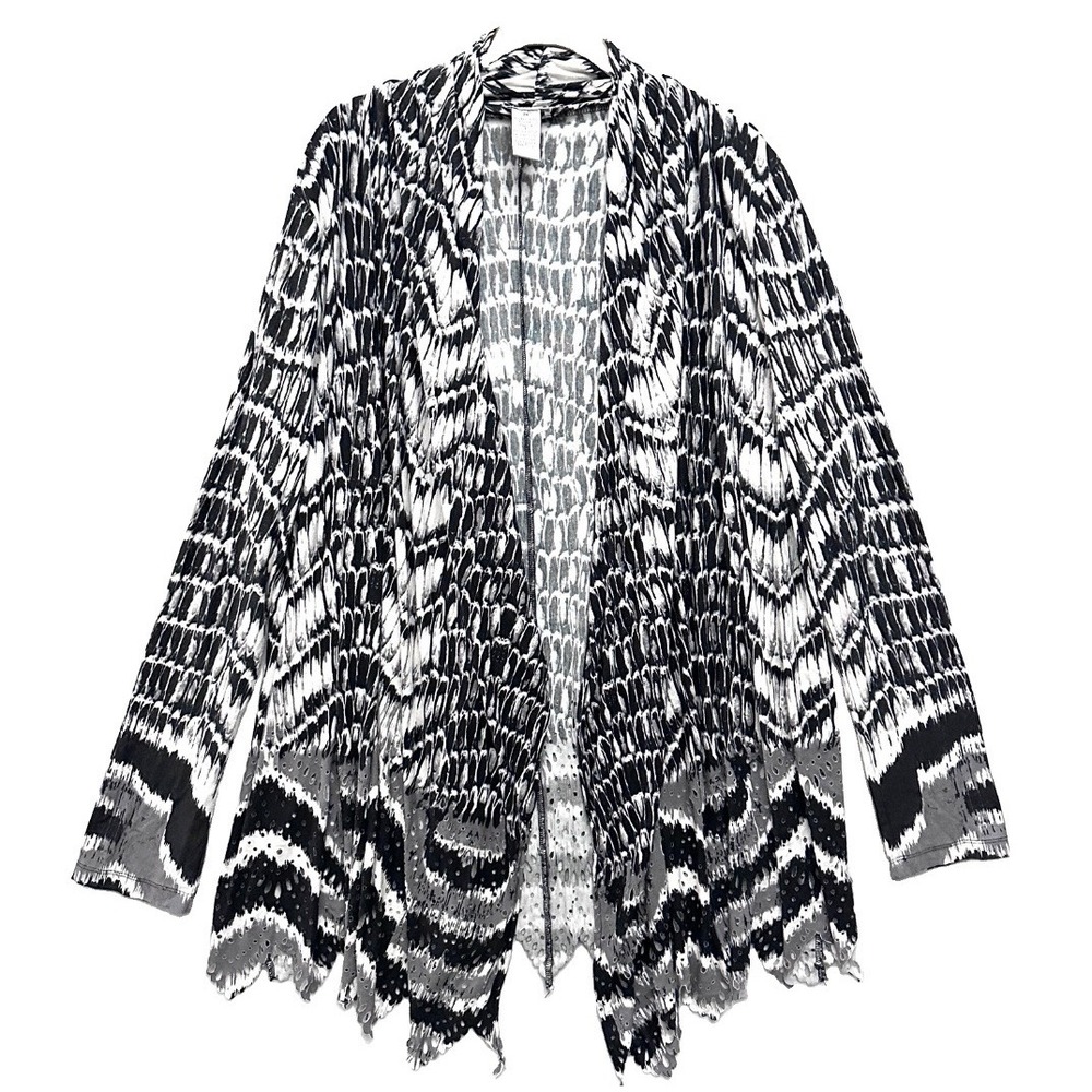 Alberto Makali 2X Feathered Chevron Scale Print Eyelet Perforated Open Cardigan